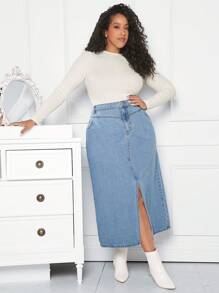 SHEIN CURVE+ Hơn Tách đùi Váy Denim - Màu xanh lam - Xem 5