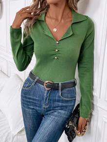 SHEIN Clasi 素色紐扣細節條紋針織套頭毛衣 - 綠色 - 查看 3