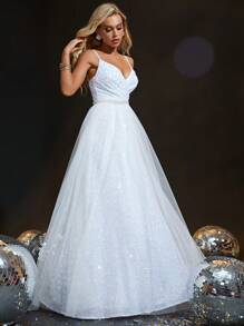 亮片装饰网纱正式礼服 白色优雅婚纱新娘礼服，春季新娘 - 白色 - 查看 5