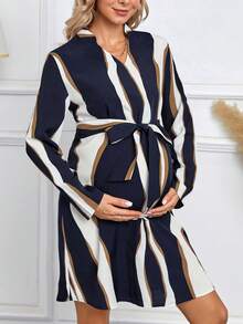 SHEIN Maternity Colorblock Belted Dress - Multicolor - View 3