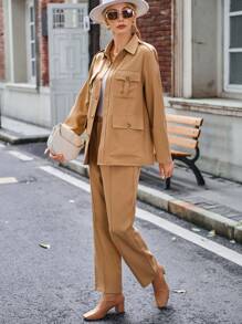 SHEIN Essnce Flap Pocket Belted Shirt & Pants - Khaki - View 3
