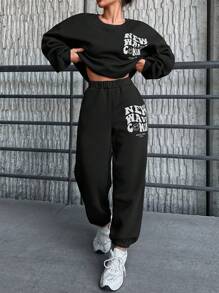 SHEIN PETITE Slogan Grafik Nedhasade aclar Sweatshirt & Mjukisbyxor - Svart - Visa 4