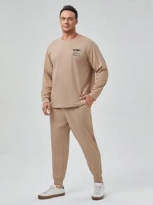 GENTILAND Men Plus Slogan Graphic Sweatshirt & Sweatpants - Khaki - View 1