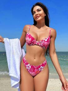 Swim Mod Summer Beach Floral Print Underwire Bikini Set - Multicolor - View 6
