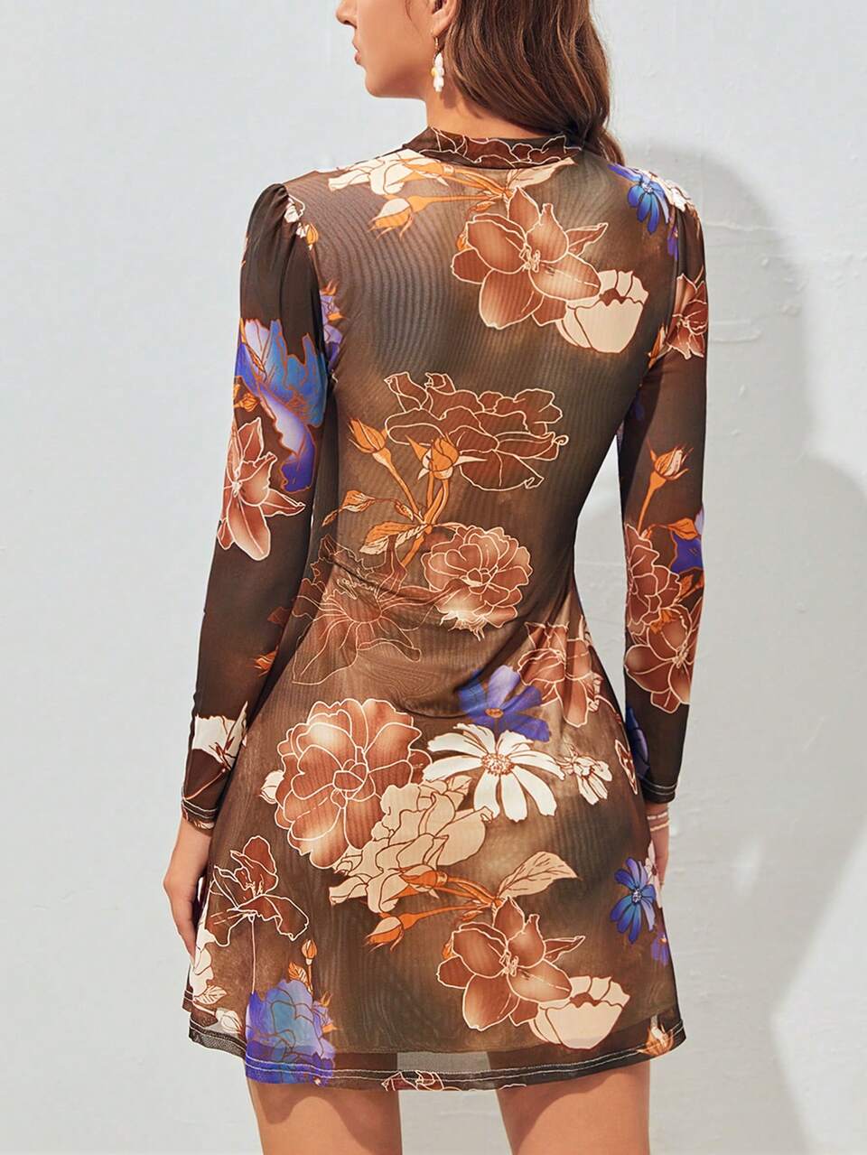 Floral Print Tie Neck Cut Out Front Mesh Dress