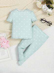 SHEIN Leap Crew Baby Allover Heart Print Lettuce Trim PJ Set For Valentine's Day - Mint Blue - View 1