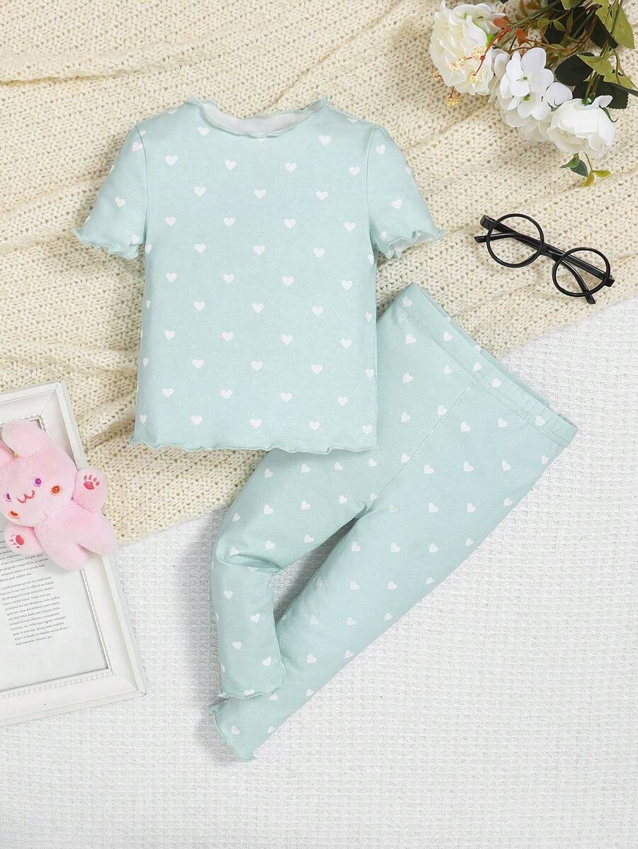 SHEIN Leap Crew Baby Allover Heart Print Lettuce Trim PJ Set For Valentine's Day - Mint Blue - View 1