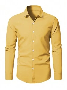 Manfinity Mode Men Solid Button Up Shirt, For Fall, Long Sleeve Top - Yellow - View 1