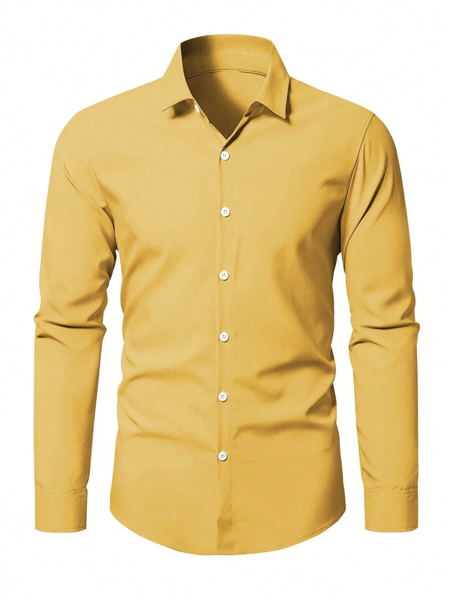 Manfinity Mode Men Solid Button Up Shirt, For Fall, Long Sleeve Top - Yellow - View 1