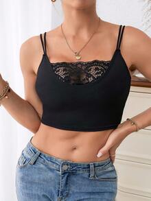 蕾絲拼接吊帶短上衣 - 黑色 - 查看 5