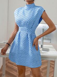 SHEIN Privé 小高領拼接細節連衣裙 - 藍色 - 查看 6