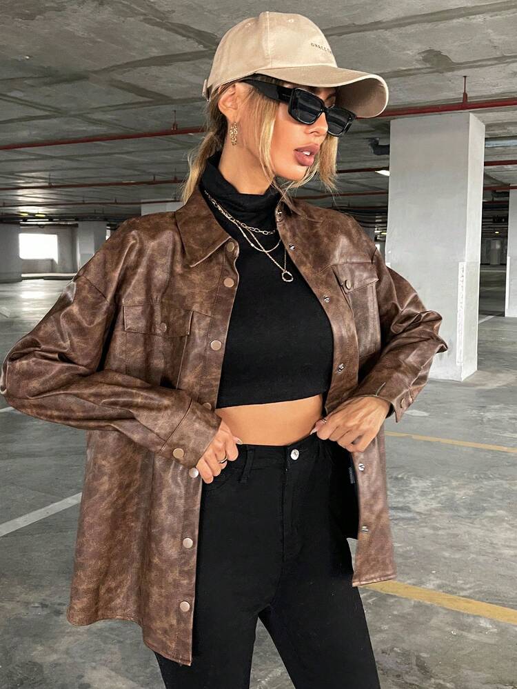 Tie Dye Drop Shoulder Flap Pocket Coat Fall Cloth For Women