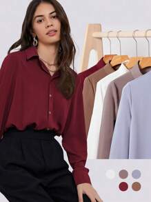 BizChic 女士纯色长袖垂褶衬衫，基础都市通勤风格，简约优雅时尚商务休闲风，适合教师和办公室穿着 - 酒紅色 - 查看 5