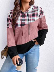 SHEIN LUNE 加大码格子印花撞色抽绳卫衣 - 粉色 - 查看 5