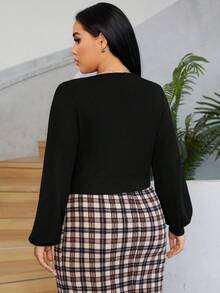 SHEIN EZwear 大碼前扭結燈籠袖短款T恤 - 黑色 - 查看 2