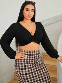 SHEIN EZwear 大碼前扭結燈籠袖短款T恤 - 黑色 - 查看 3