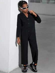 SHEIN Tween Boy Button Front Flap Detail Shirt Jumpsuit - Black - View 7