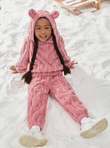 Young Girl 3D Ear Design Flannel Hoodie & Pants - Pink - View 1