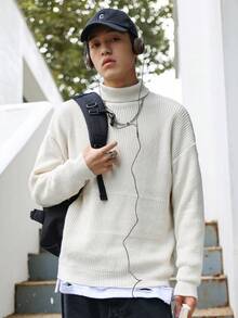 Manfinity Hypemode Loose Men's Turtleneck Drop Shoulder Sweater - Beige - View 5