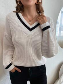 SHEIN Frenchy 休閒條紋女士毛衣 - 白色 - 查看 6