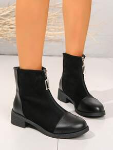 女士們時尚方頭拉鍊高跟鞋薄靴子帶拼貼設計 - 黑色 - 查看 3