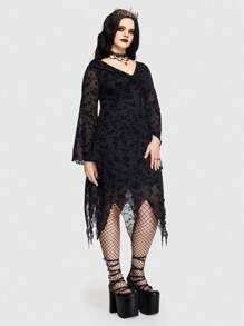 ROMWE PUNK Plus Floral Pattern Asymmetrical Hem Dress - Black - View 4