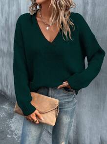 SHEIN LUNE 素色落肩袖V領套頭毛衣 - 墨綠色 - 查看 4