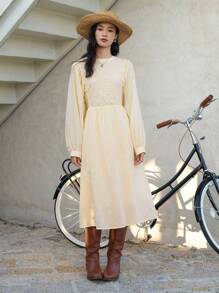 DAZY Vestido de manga farol con diseño de jacquard y unicolor, vestido casual para mujeres