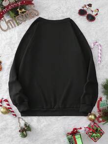 SHEIN EZwear 大碼聖誕圖案加絨內裏運動衫 - 黑色 - 查看 2