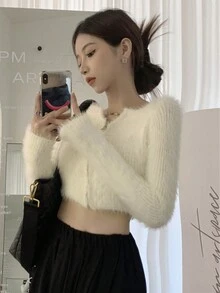 纯色纽扣短款蓬松开衫，长袖上衣，休闲春季款 - 米色 - 查看 5