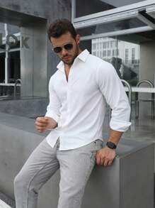 Hombres Camisa unicolor con botón - Blanco - Ver 4