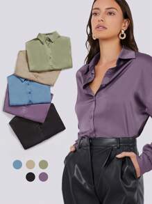 BizChic Single Breasted Satin Blouse Workwear - Purple - View 1