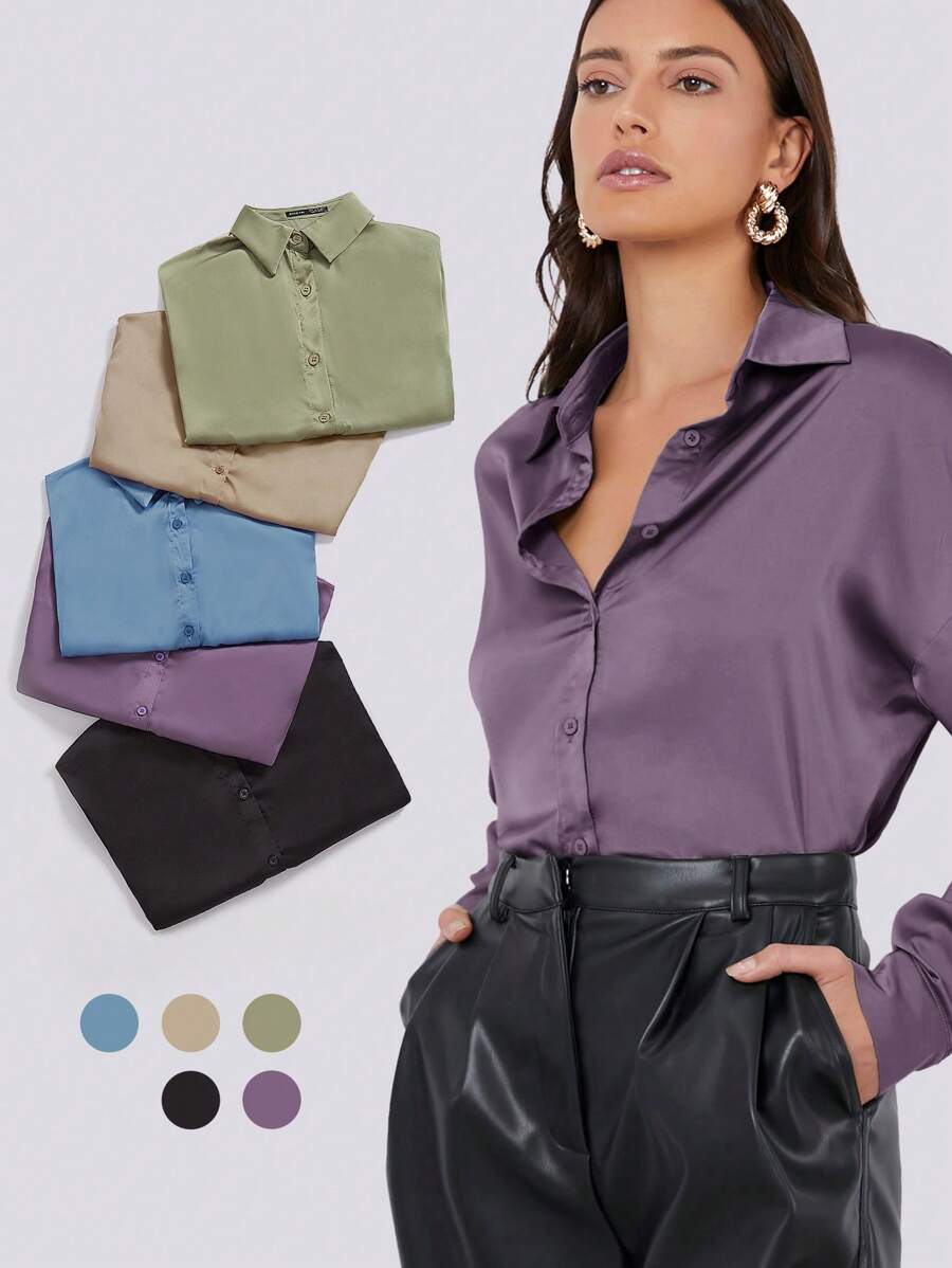 BizChic Single Breasted Satin Blouse Workwear - Purple - View 1