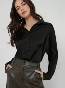 SHEIN BIZwear Single Breasted Satin Blouse Workwear - Black - View 5