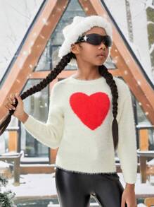 Young Girl Heart Pattern Drop Shoulder Sweater - White - View 1