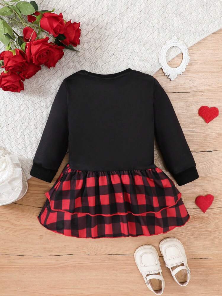 Baby Girls Letter & Heart Print Gingham Ruffle Hem Sweatshirt Dress