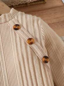 SHEIN 女小童豹紋圖案拼接紐扣細節繫腰帶洋裝 - 杏色 - 查看 5