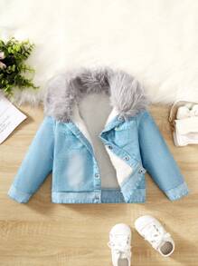 SHEIN 女小童毛茸邊毛絨內襯連帽夾克 - 淺色水洗藍 - 查看 1