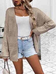 SHEIN Frenchy Pointelle Knit Drop Shoulder Cardigan - Apricot - View 7