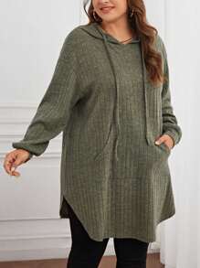 SHEIN LUNE Plus Size Drop Shoulder Drawstring Sweatshirt Graduation, Back To School Outfits, Graduation, Teacher Outfits For Women, Back To School Winter Fall Autumn - Green - View 2