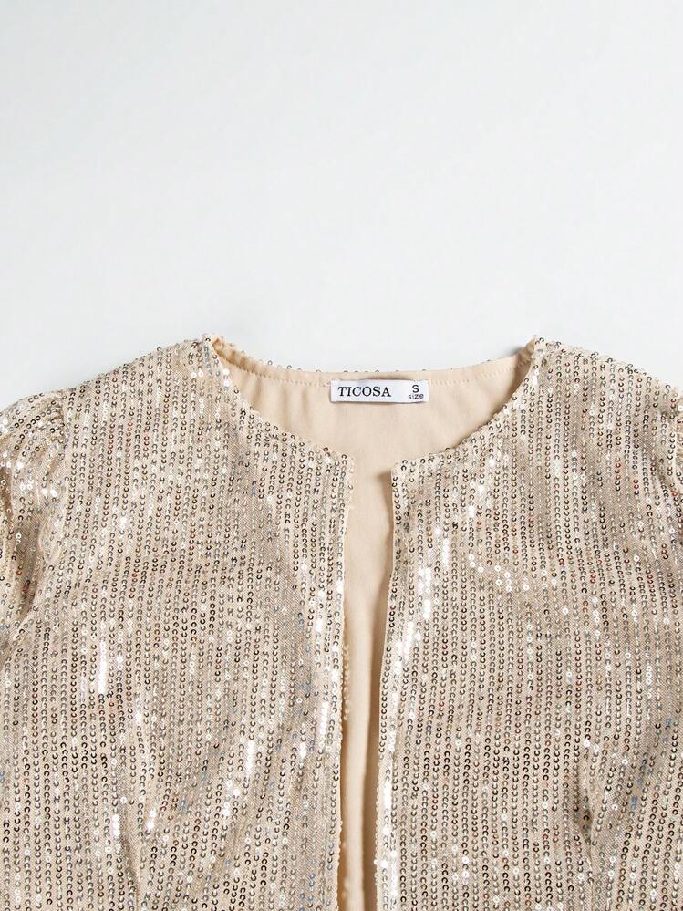 Cárdigan elegante y glamoroso con lentejuelas para mujer, suéter de manga larga con abertura frontal, atuendo para festival de música, atuendo de Año Nuevo Primavera - Dorado - Añade 5