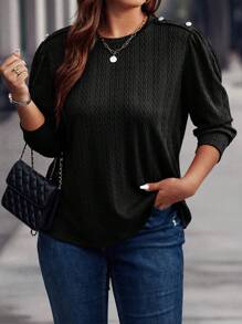 Calvaya 大碼紐扣細節泡泡袖T恤 - 黑色 - 查看 1