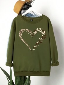 Calvaya Plus Size Women Casual Heart & Butterfly Print Fleece Sweatshirt, Autumn/Winter - Army Green - View 1