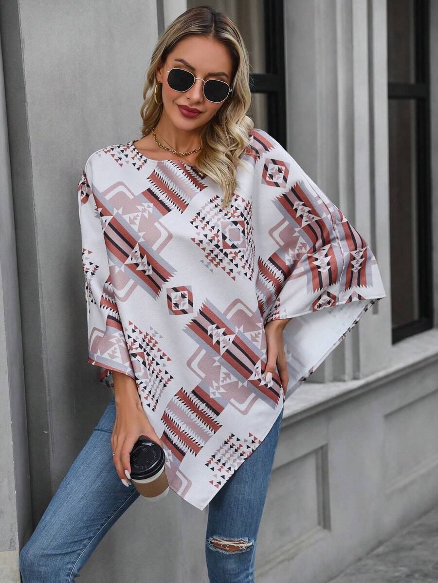 Chiquease Geo Print Asymmetrical Hem Cape Coat - Multicolor - View 1