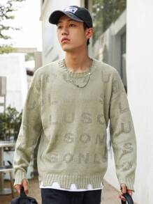 Claim Dot 寬鬆款男士毛衣,有字母圖案和下垂肩線 - 薄荷綠 - 查看 6