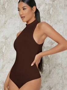 SHEIN BAE Ribbed Mock Neck Sleeveless Bodysuit - Coffee Brown - View 3