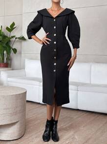 SHEIN Privé Sailor Collar Button Front Dress - Black - View 6