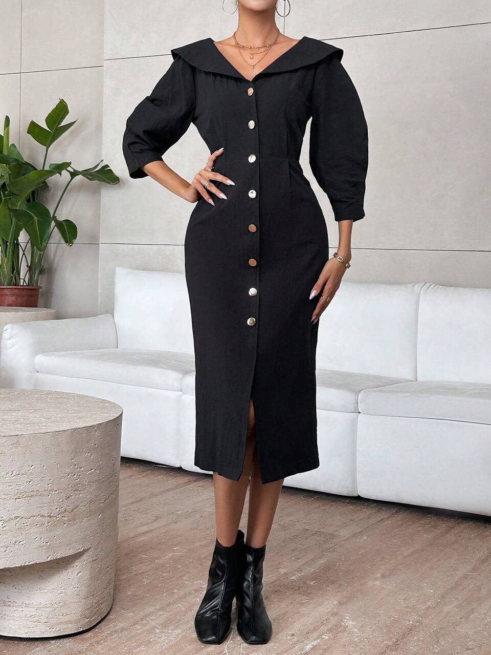 Sailor Collar Button Front Dress