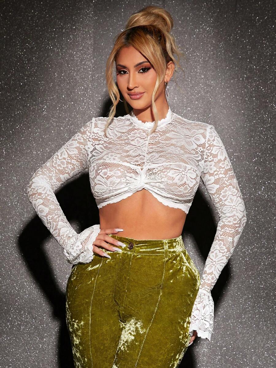 SHEIN SXY 小高領荷葉袖胸部褶皺短款蕾絲上衣 - 白色 - 查看 1