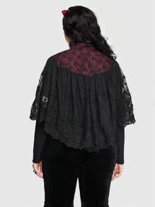 ROMWE PUNK Plus Lace Up Front Lace Cape Blouse - Black - View 3